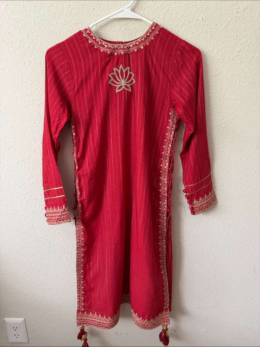 Girls Red Embroidered Dress with Lotus Motif